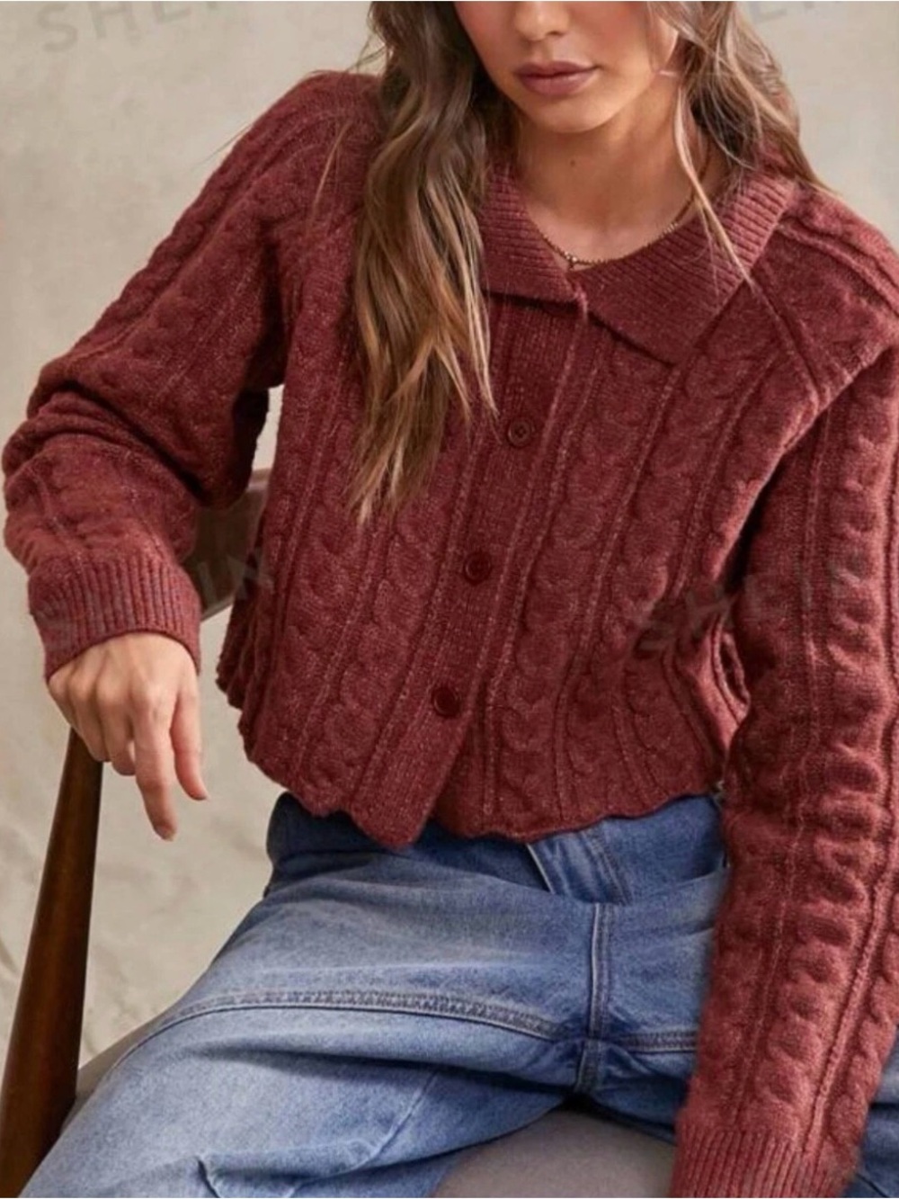 NEIMAN MARCUS CABLE KNIT COLLAR CARDIGAN SWEATER, Burgundy wine, SZ L